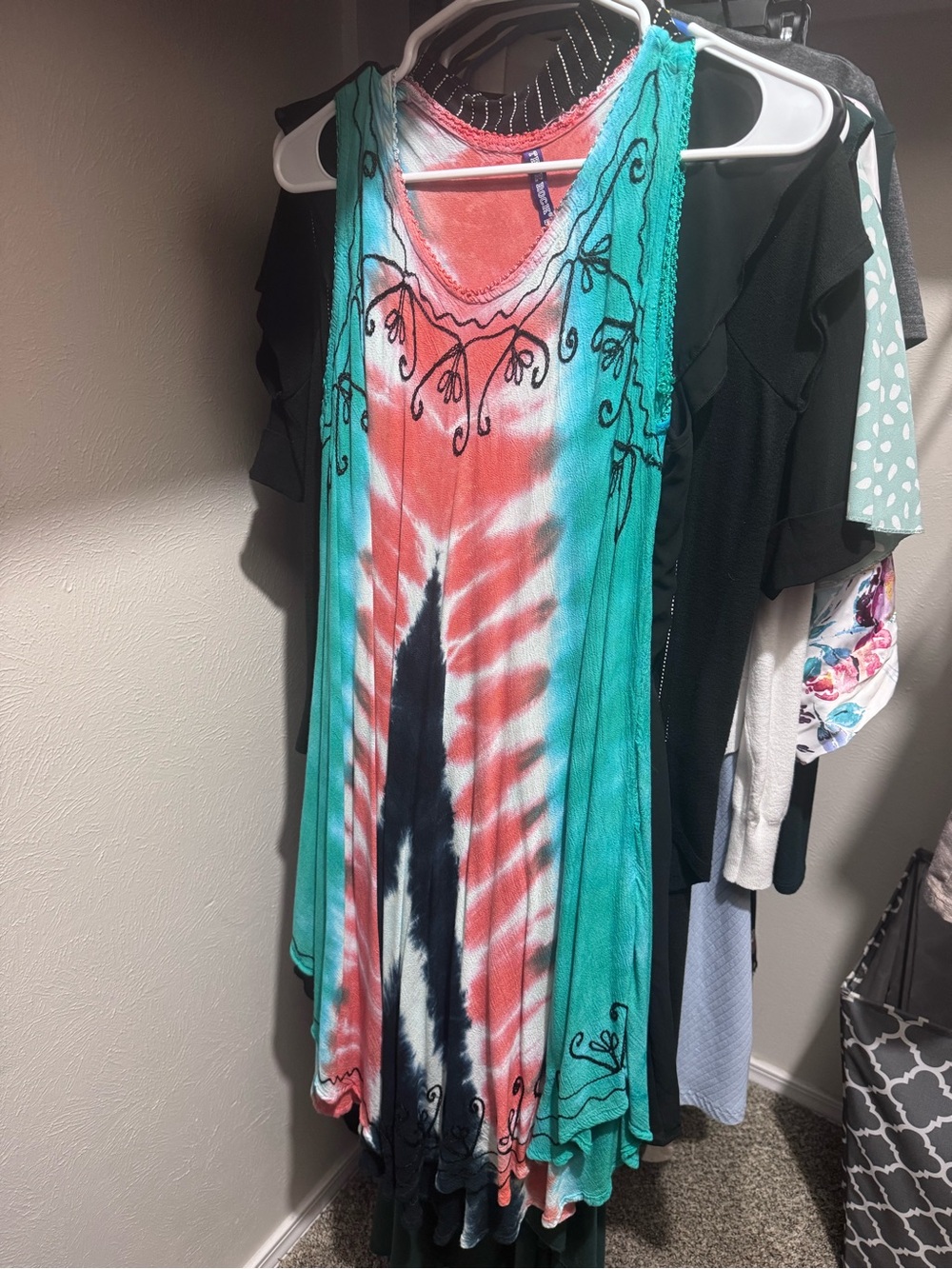 TRUE ROCK Coral, Teal & Black Asymmetrical Tie-Dye Sundress